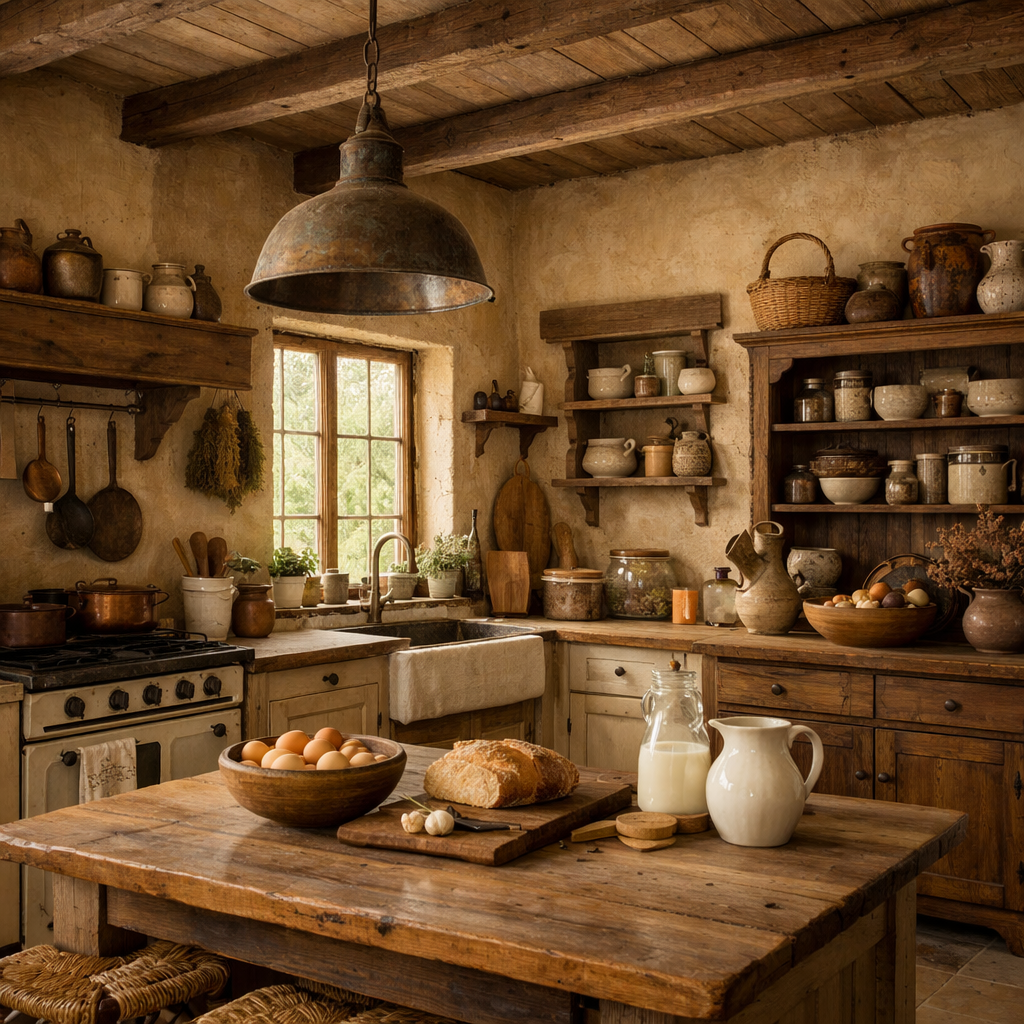 A rustic kitchen with beige-brown walls, wooden furniture, and a cozy atmosphere.