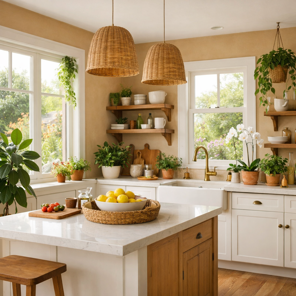 A bright kitchen with soft sandy brown walls, showcasing plants and natural materials.