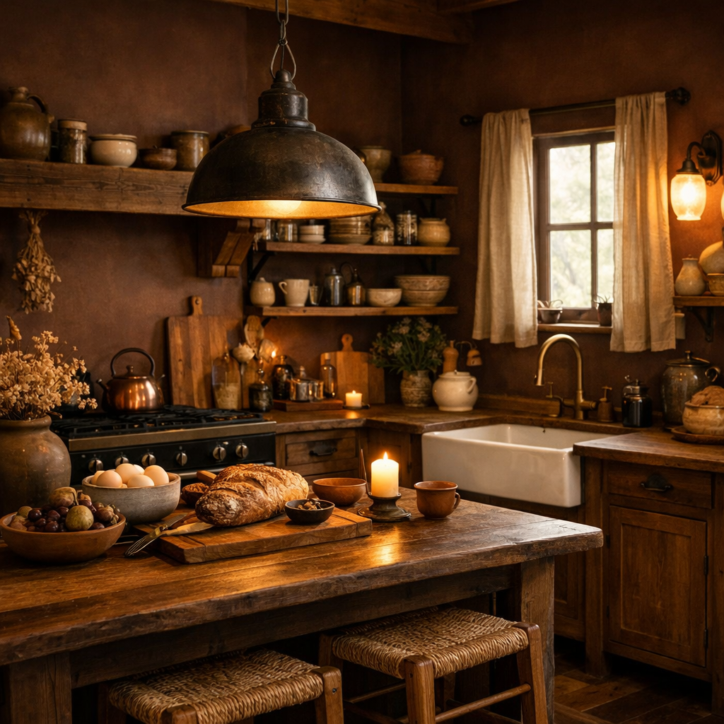 Cozy kitchen with warm chocolate brown walls, rustic furniture, and soft lighting.