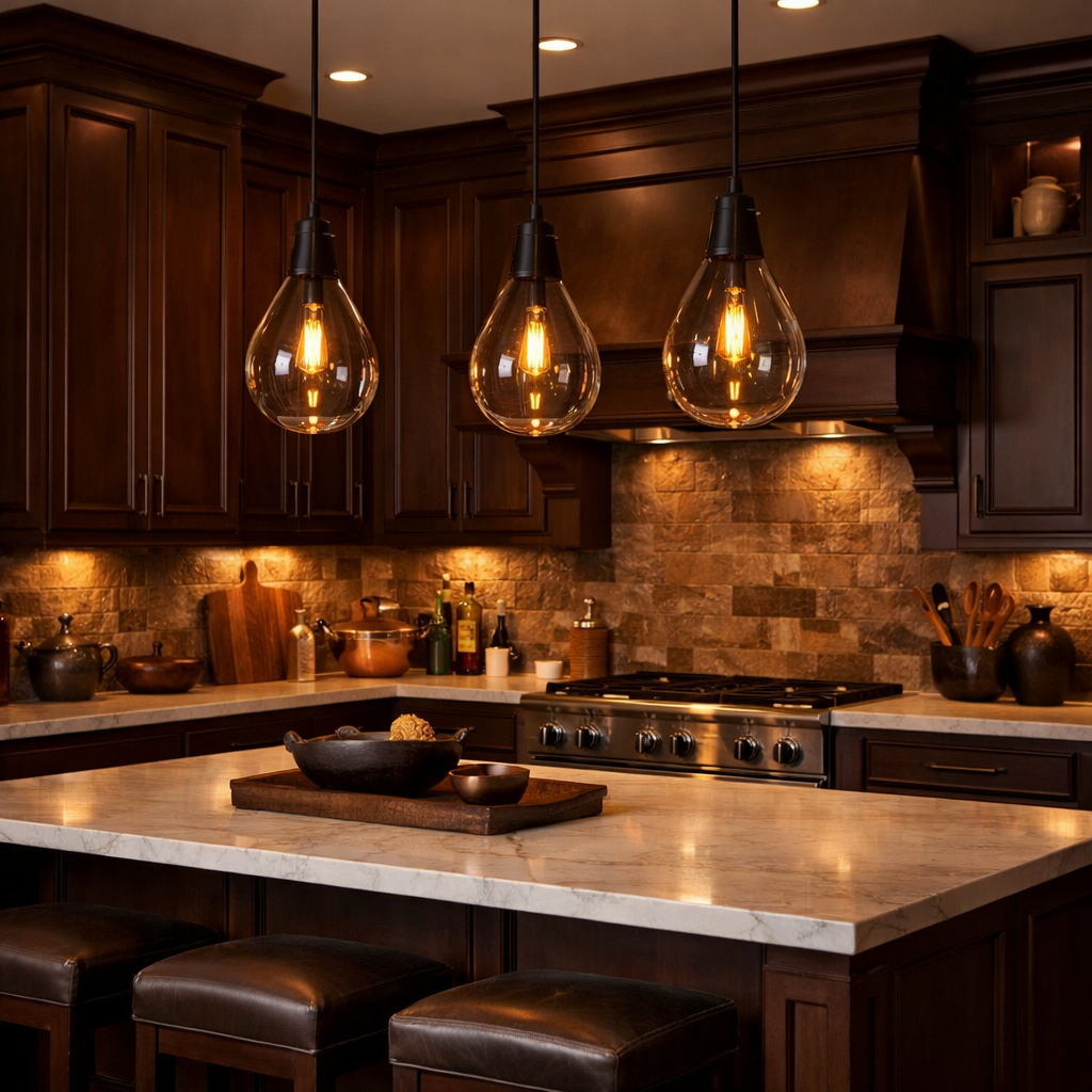 A kitchen featuring chocolate brown cabinets with pendant and under-cabinet lighting