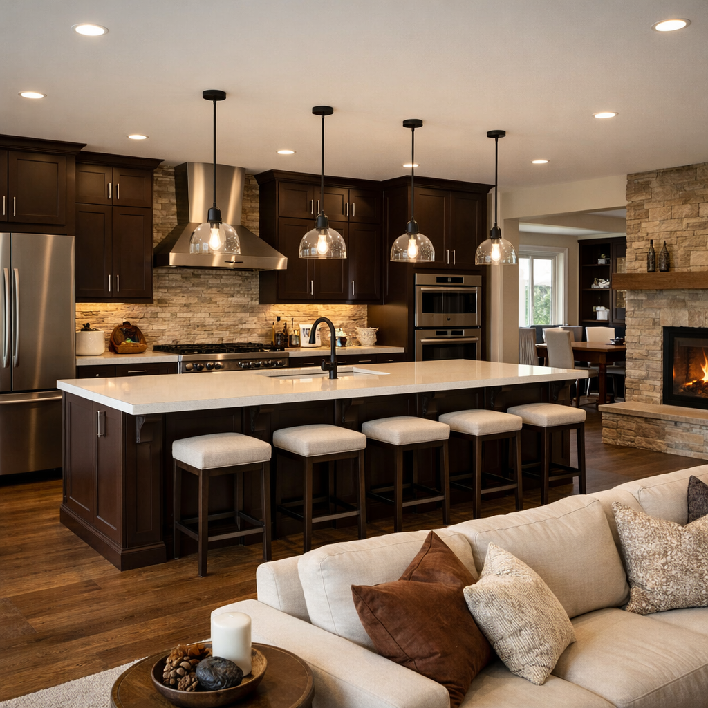 Open concept kitchen with chocolate brown cabinets and a cozy living space