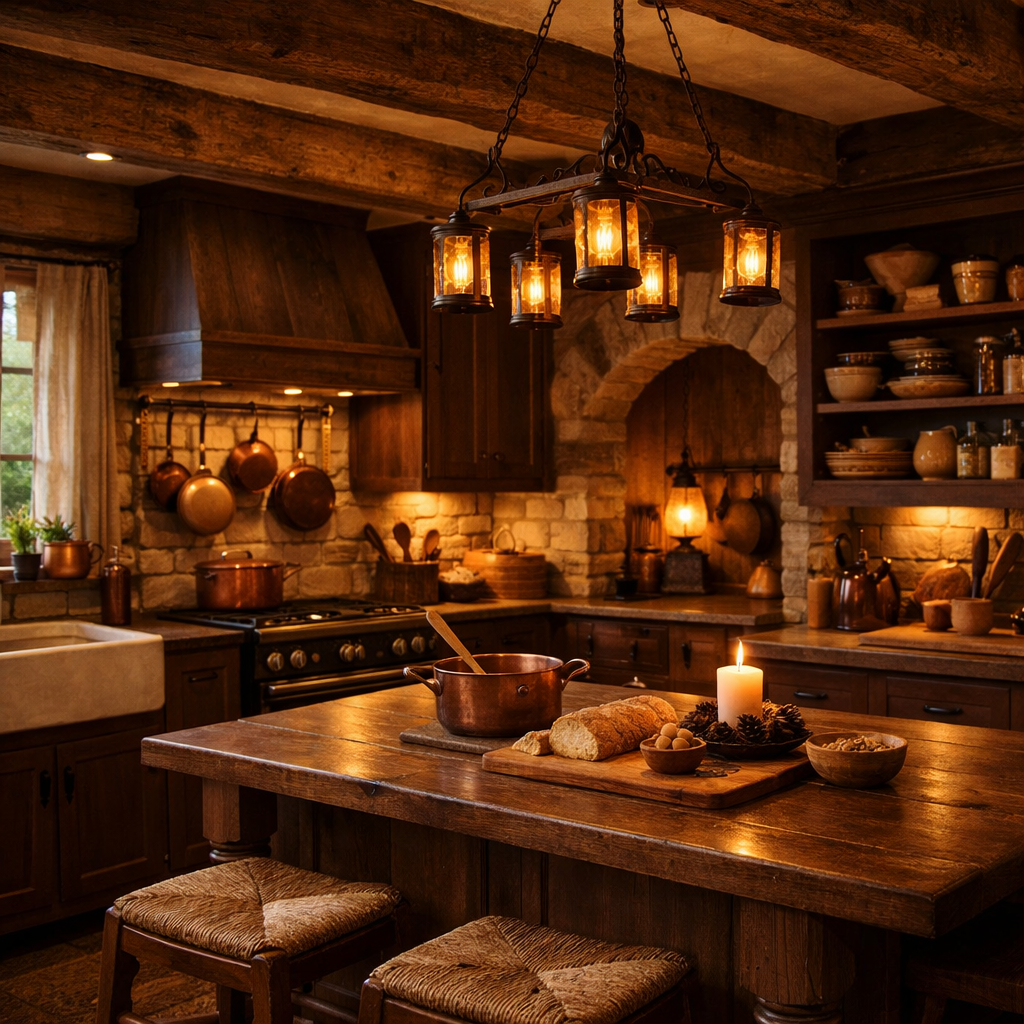 A rustic kitchen featuring chocolate brown cabinets, wooden beams, warm lighting, and a cozy dining area