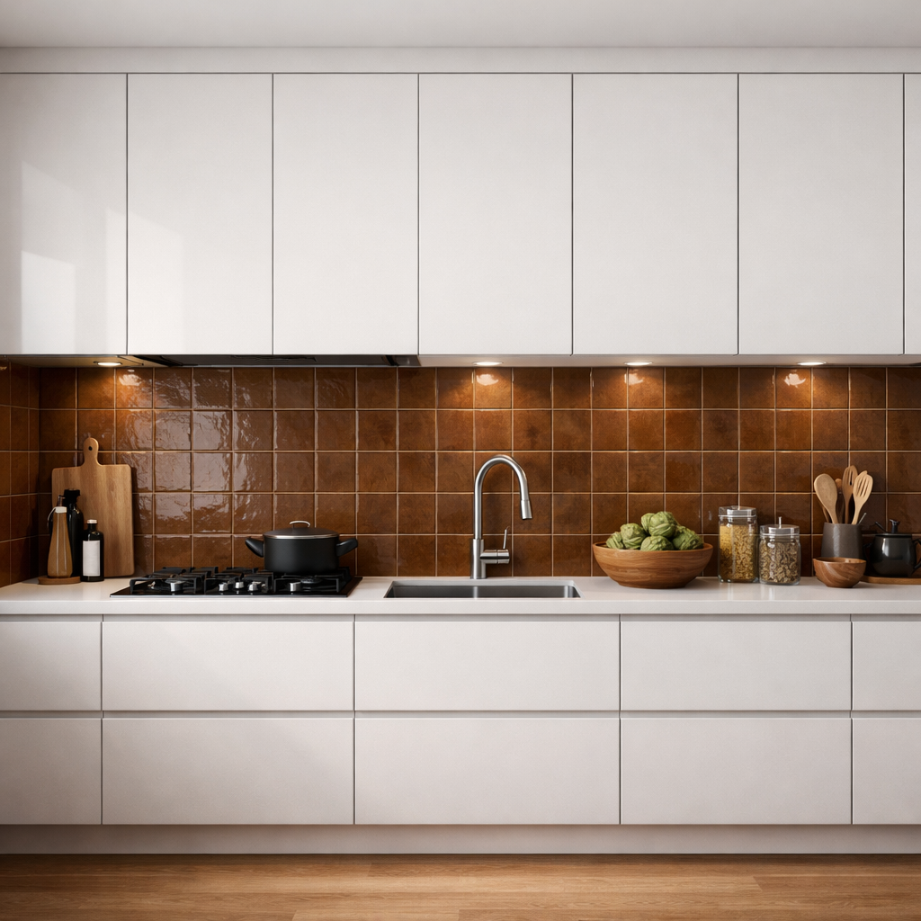 Modern kitchen with brown tile backsplash and white cabinets.