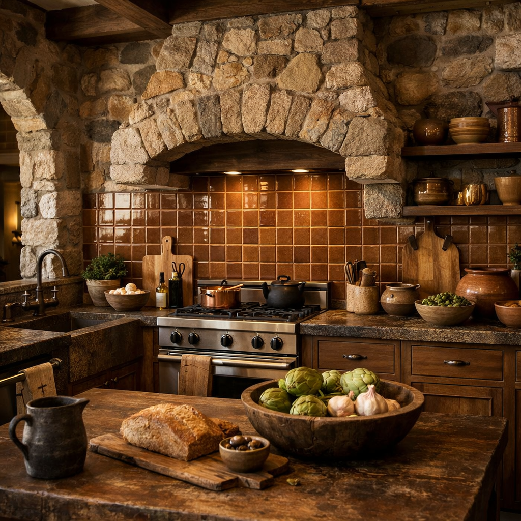 A cozy kitchen featuring brown square tiles and natural stone walls with a rustic wooden table.
