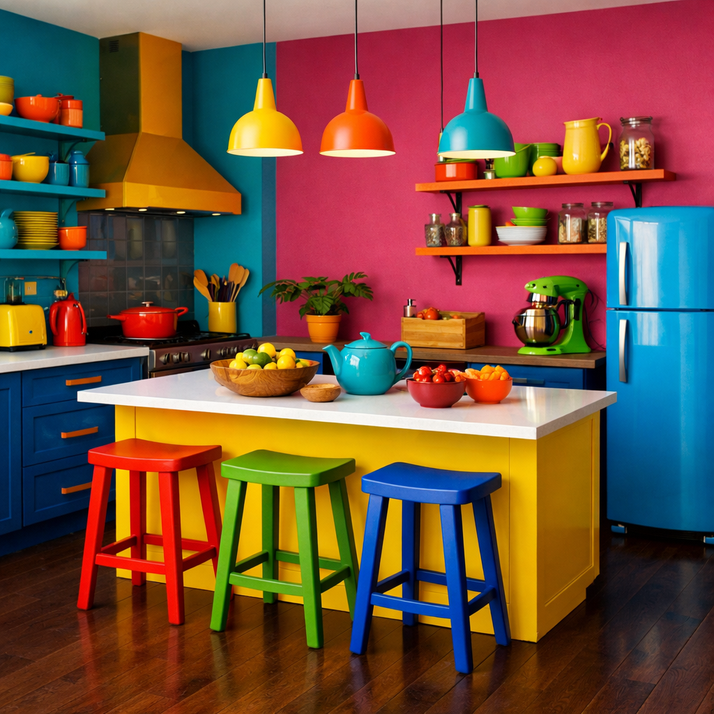 A colorful kitchen featuring dark brown flooring and bold colored stools and decor