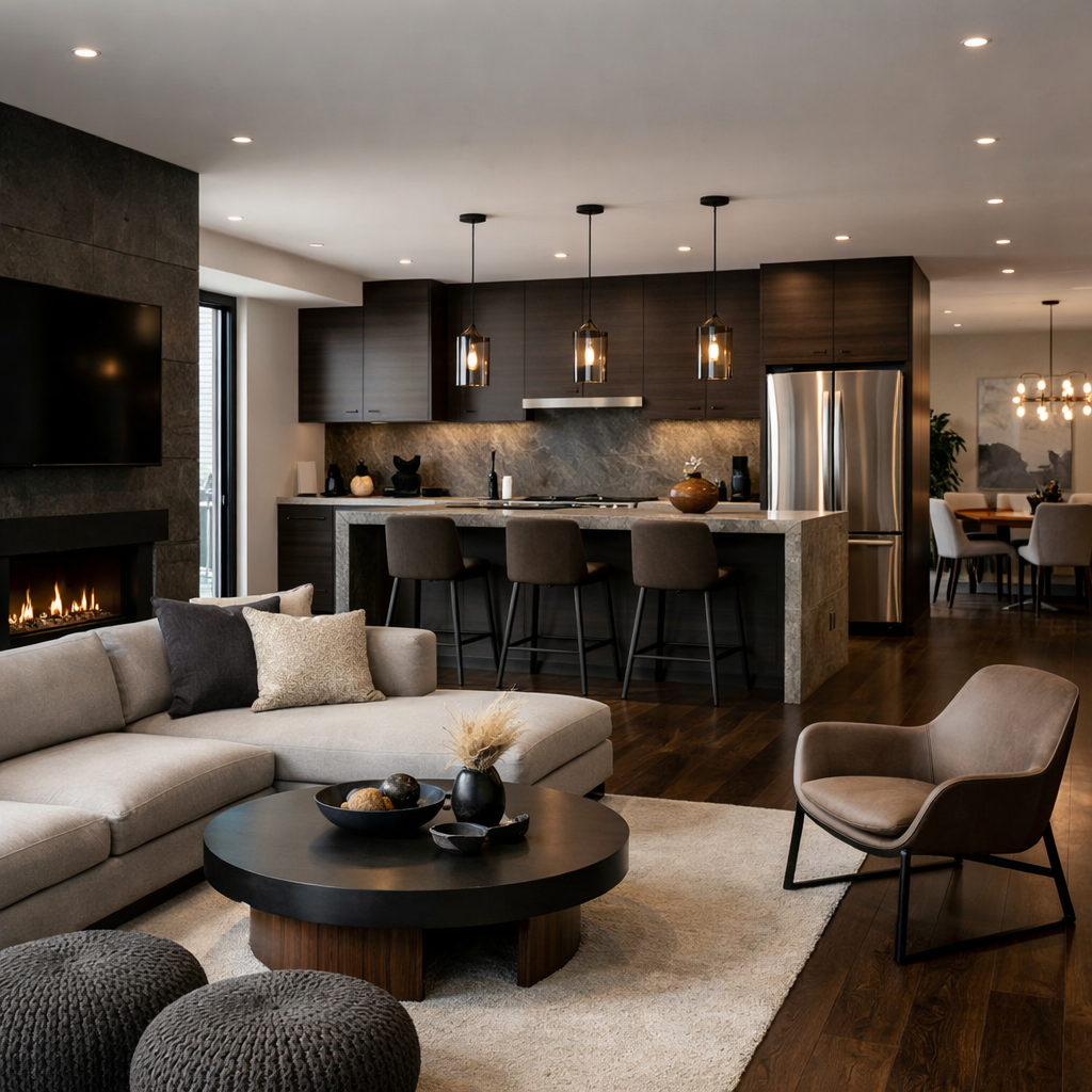 A modern open-concept kitchen and living area featuring dark brown floors and stylish furniture.
