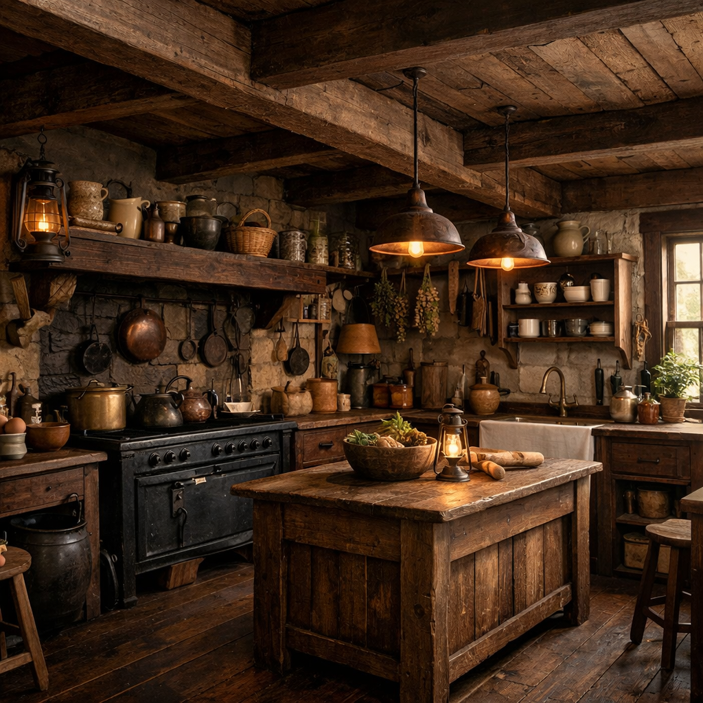 A rustic kitchen featuring dark brown wooden flooring, vintage pots, and wooden furniture.