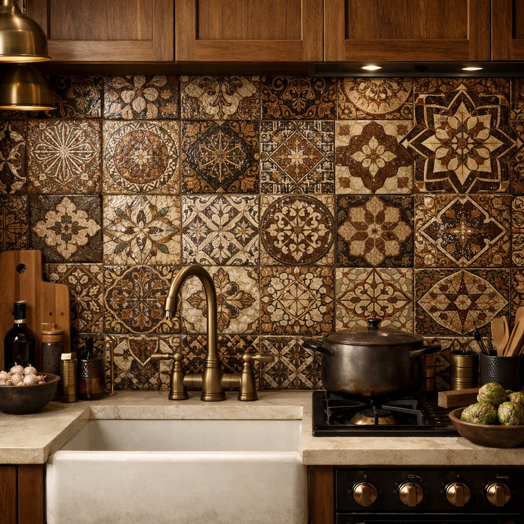 Brown mosaic tiles create a unique and warm backsplash in a kitchen setting.