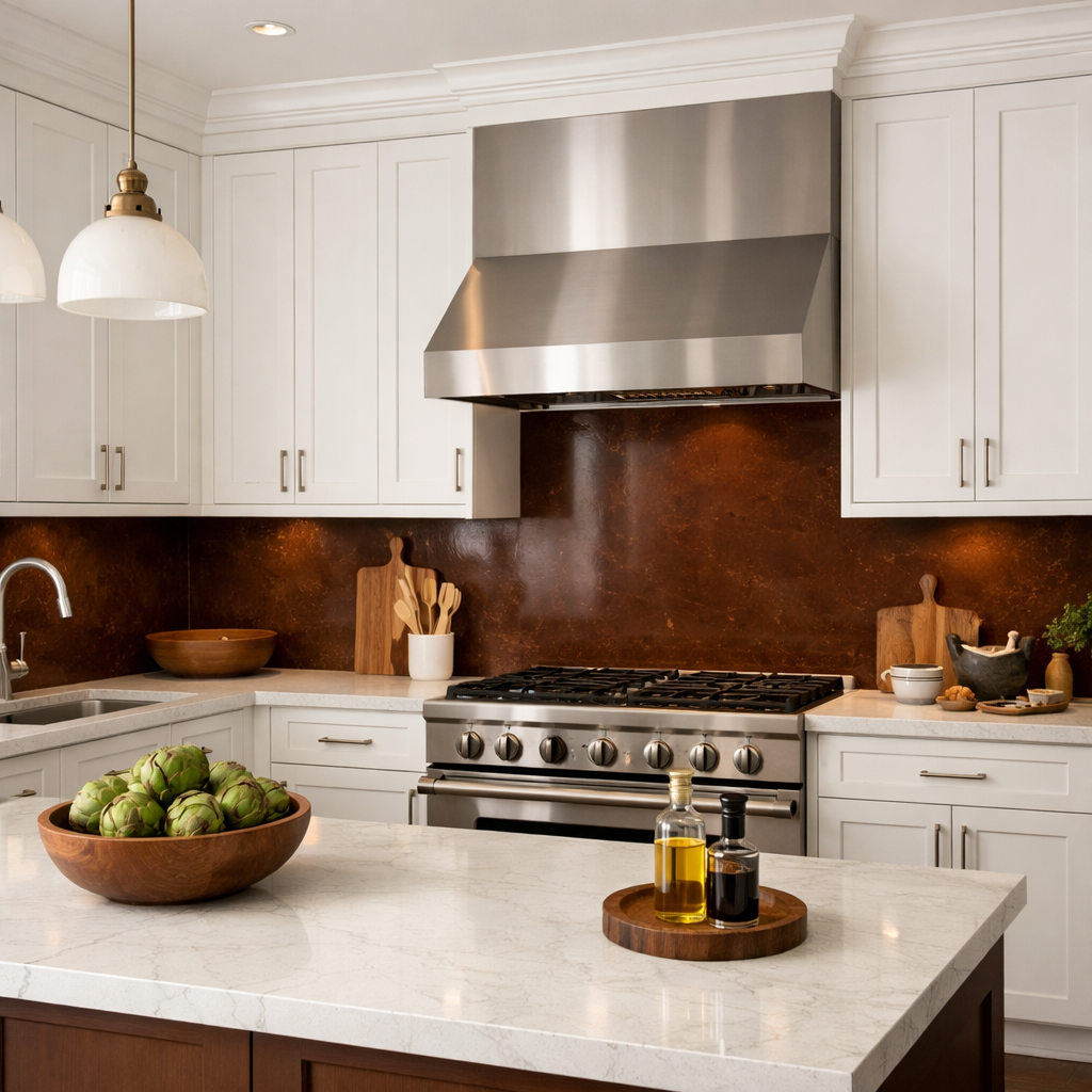 A modern kitchen showcasing white cabinets, a brown backsplash, and stainless steel appliances.