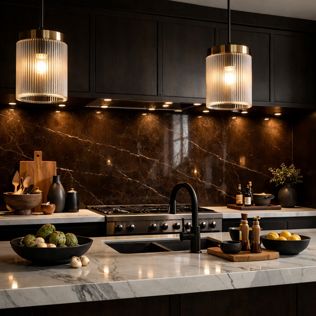 Kitchen with dark chocolate marble backsplash and modern lighting