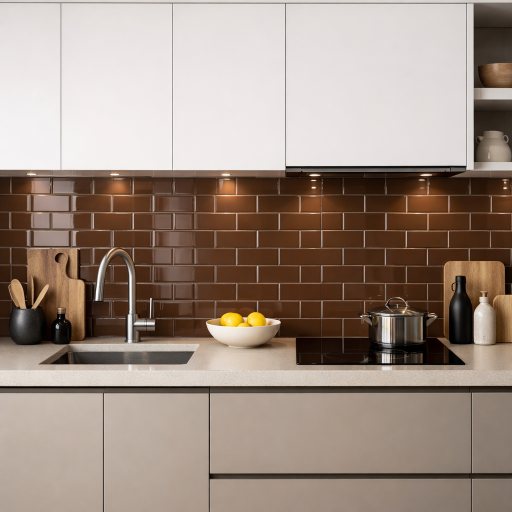 Modern kitchen with glossy brown subway tiles as backsplash, white cabinets, and cooking accessories