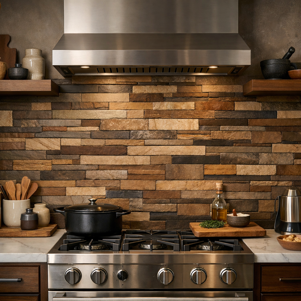 A rustic kitchen with a layered brown stone backsplash, stainless steel appliances, and wooden cabinets.