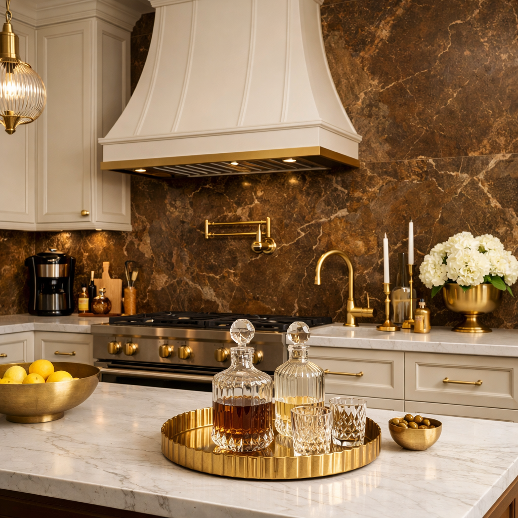 A stylish kitchen featuring a rich brown backsplash and elegant gold accents.
