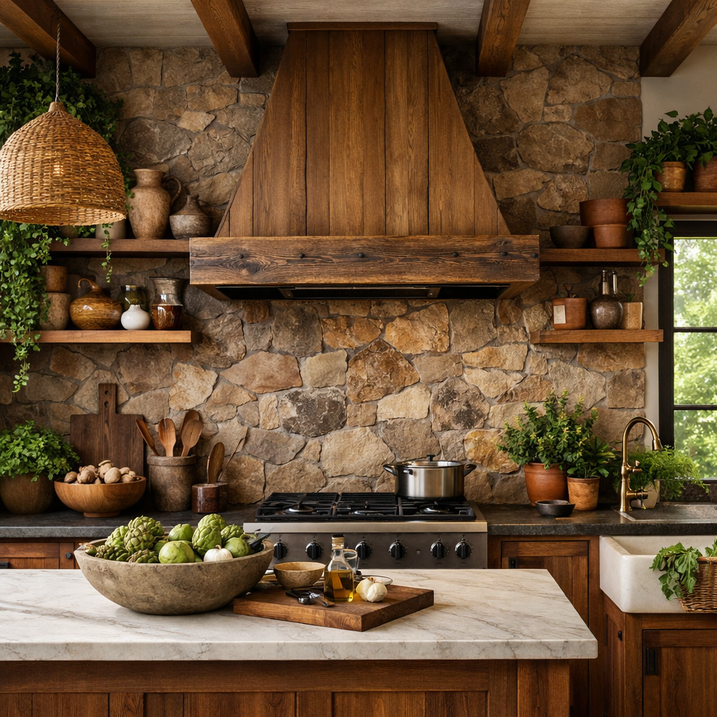A kitchen with a natural stone backsplash, wooden shelves, and plants, showcasing a rustic and cozy atmosphere.