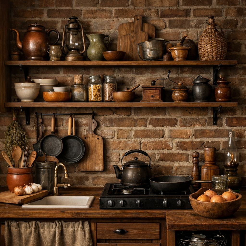 Rustic kitchen featuring a brick backsplash, wooden shelves with kitchenware, and earthy decor.