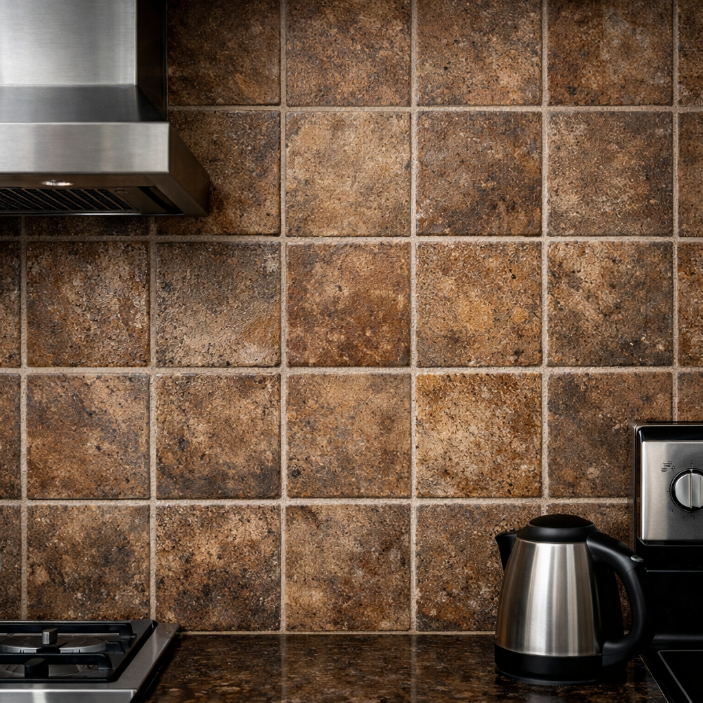 Textured brown tiles backsplash in a kitchen
