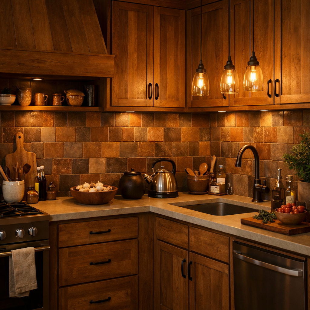 A cozy kitchen with a brown backsplash, wooden cabinets, and warm lighting.