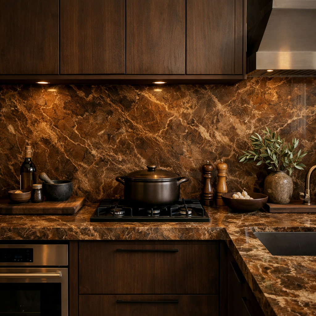 A kitchen featuring brown marble countertops and backsplash with dark wood cabinets and stylish cooking accessories.