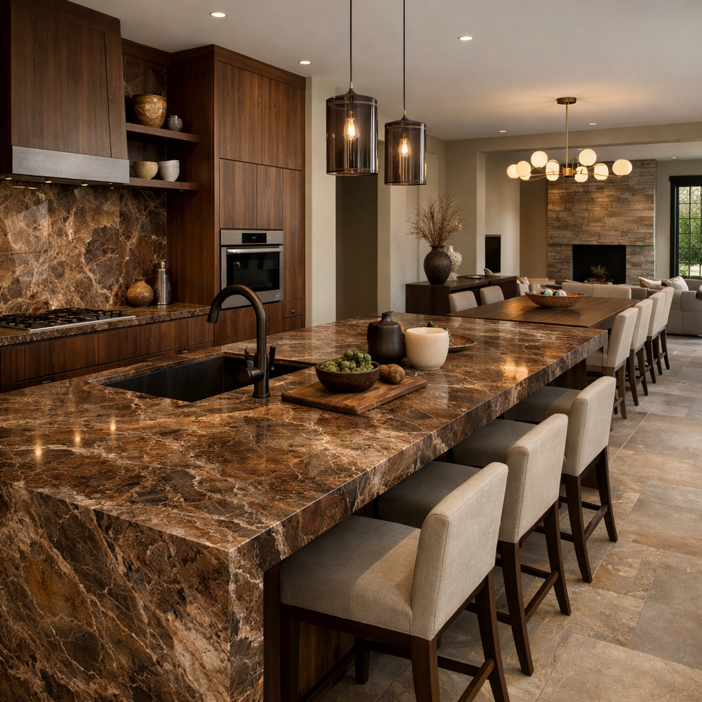 A modern kitchen featuring brown marble countertops, wooden cabinetry, and stylish lighting fixtures in an open concept layout.