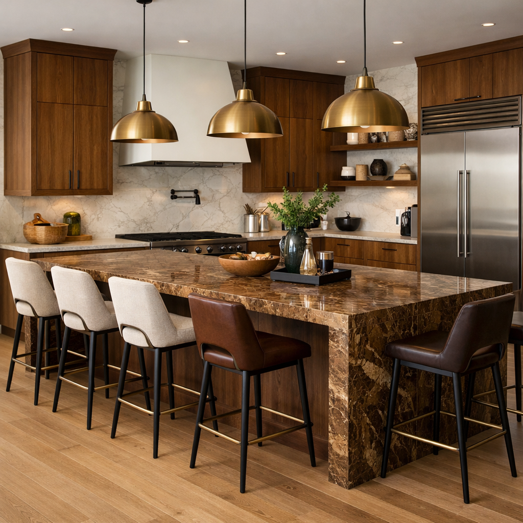 A modern kitchen featuring a brown marble island with stylish bar stools and warm wooden cabinetry.