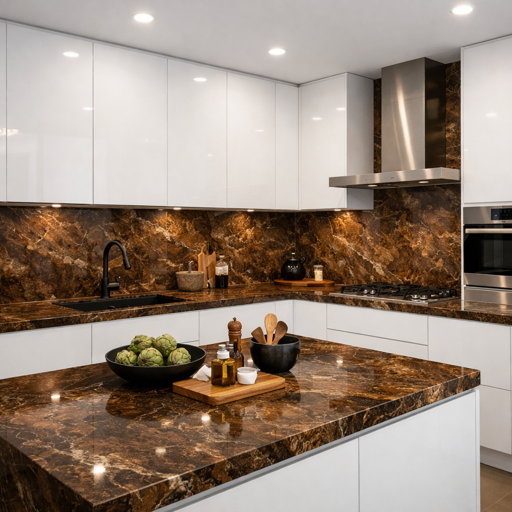 Modern kitchen with brown marble countertops and white cabinets, featuring a black sink and stylish decor.
