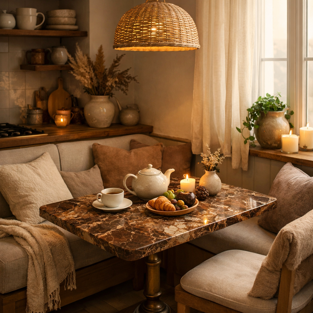 Cozy kitchen nook with a brown marble table, featuring tea and pastries, surrounded by soft cushions and warm lighting.