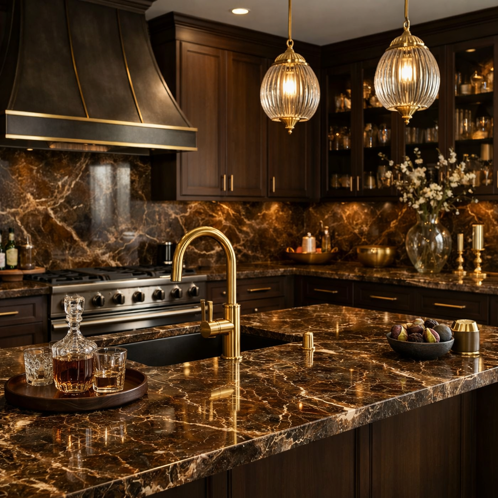 A stylish kitchen showcasing elegant brown marble countertops complemented by gold fixtures and warm lighting.