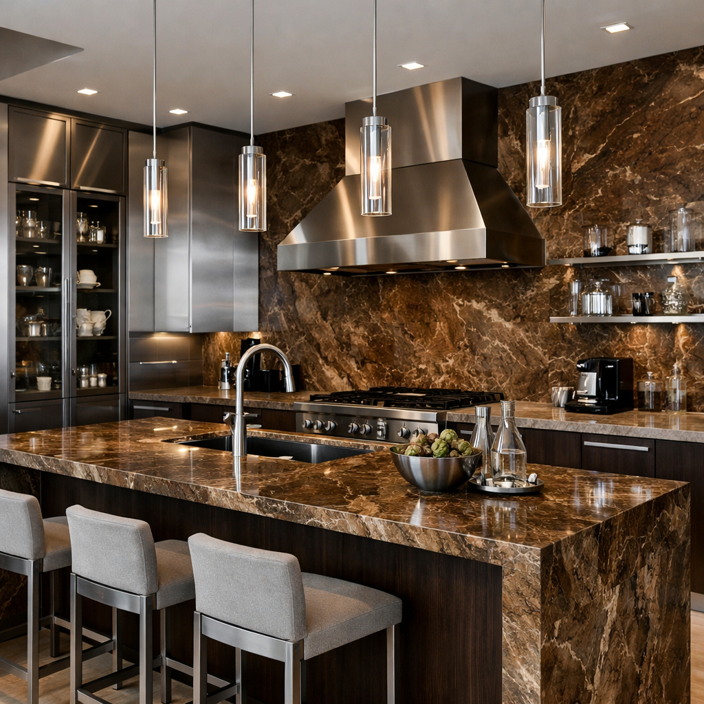 Kitchen featuring integrated brown marble countertops and mixed materials.