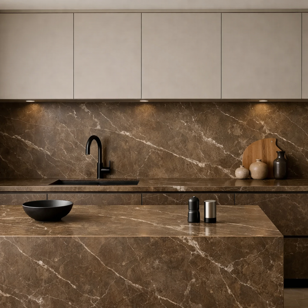 Minimalist kitchen design featuring brown marble countertops and black fixtures