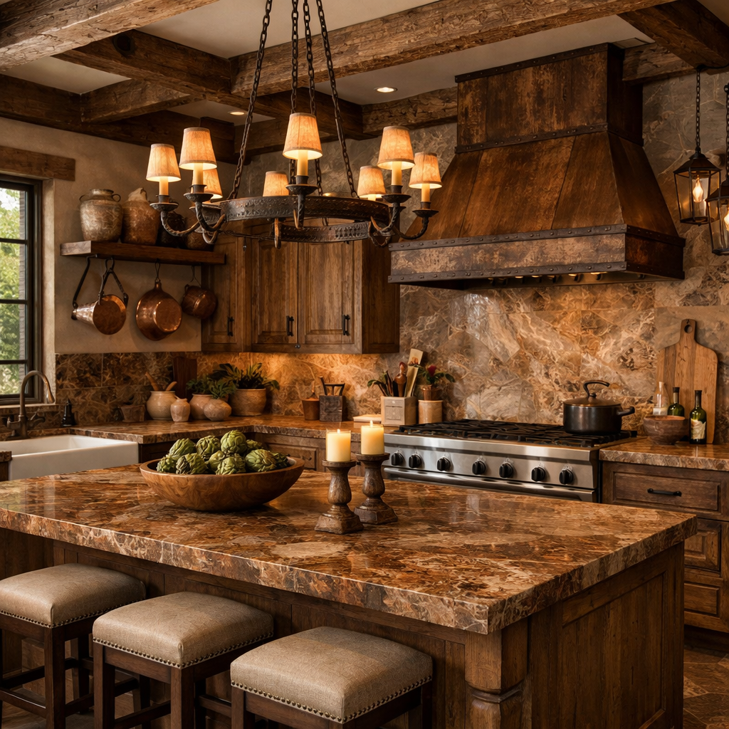 A rustic kitchen with brown marble countertops, wooden accents, and stylish lighting.