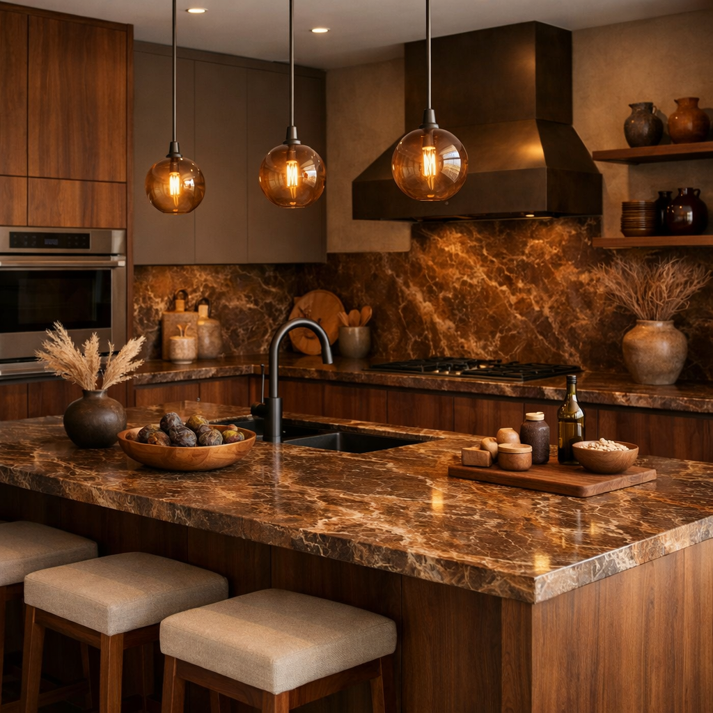Modern kitchen with brown marble countertops and warm earthy tones