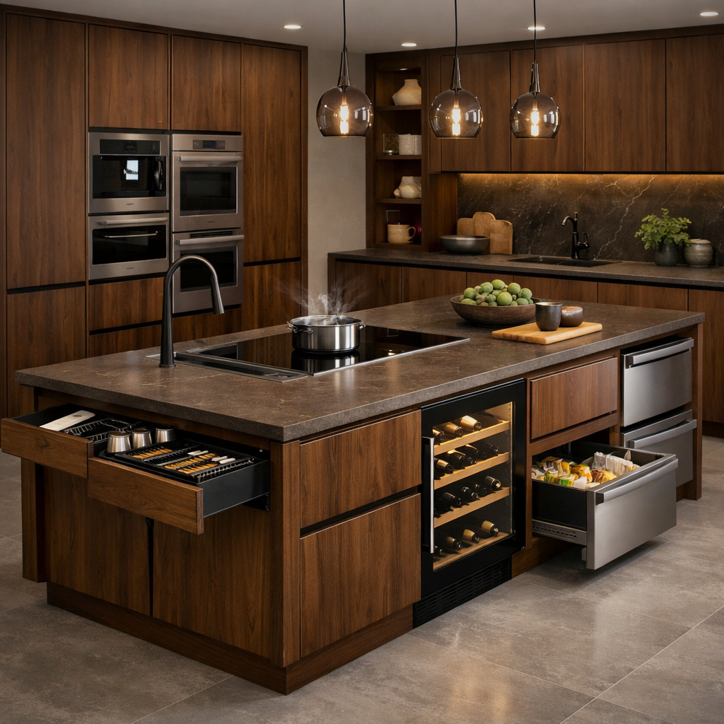 A modern kitchen island in brown with built-in appliances and ample storage, showcasing a stylish and functional design.