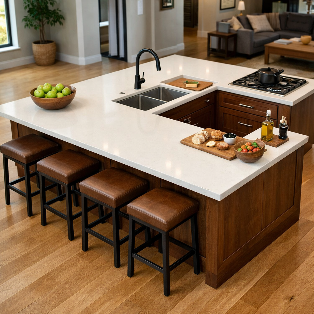 An L-shaped brown kitchen island with stools, white countertop, and cooking ingredients visible.