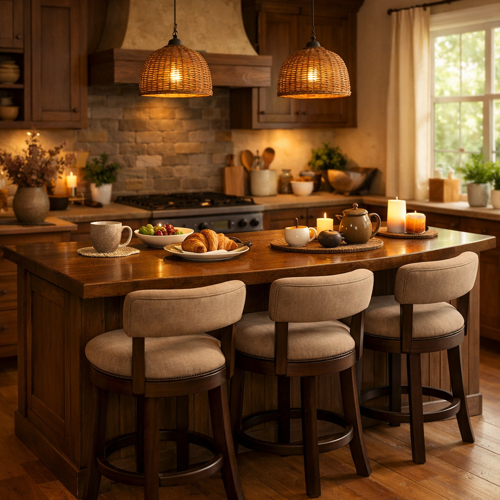 Cozy breakfast nook with a brown kitchen island, soft stools, fruit, and croissants