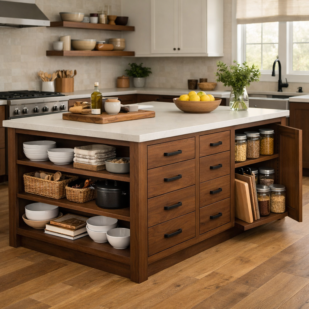 A brown kitchen island with integrated storage, showcasing drawers and open shelving filled with dishes and pantry items.