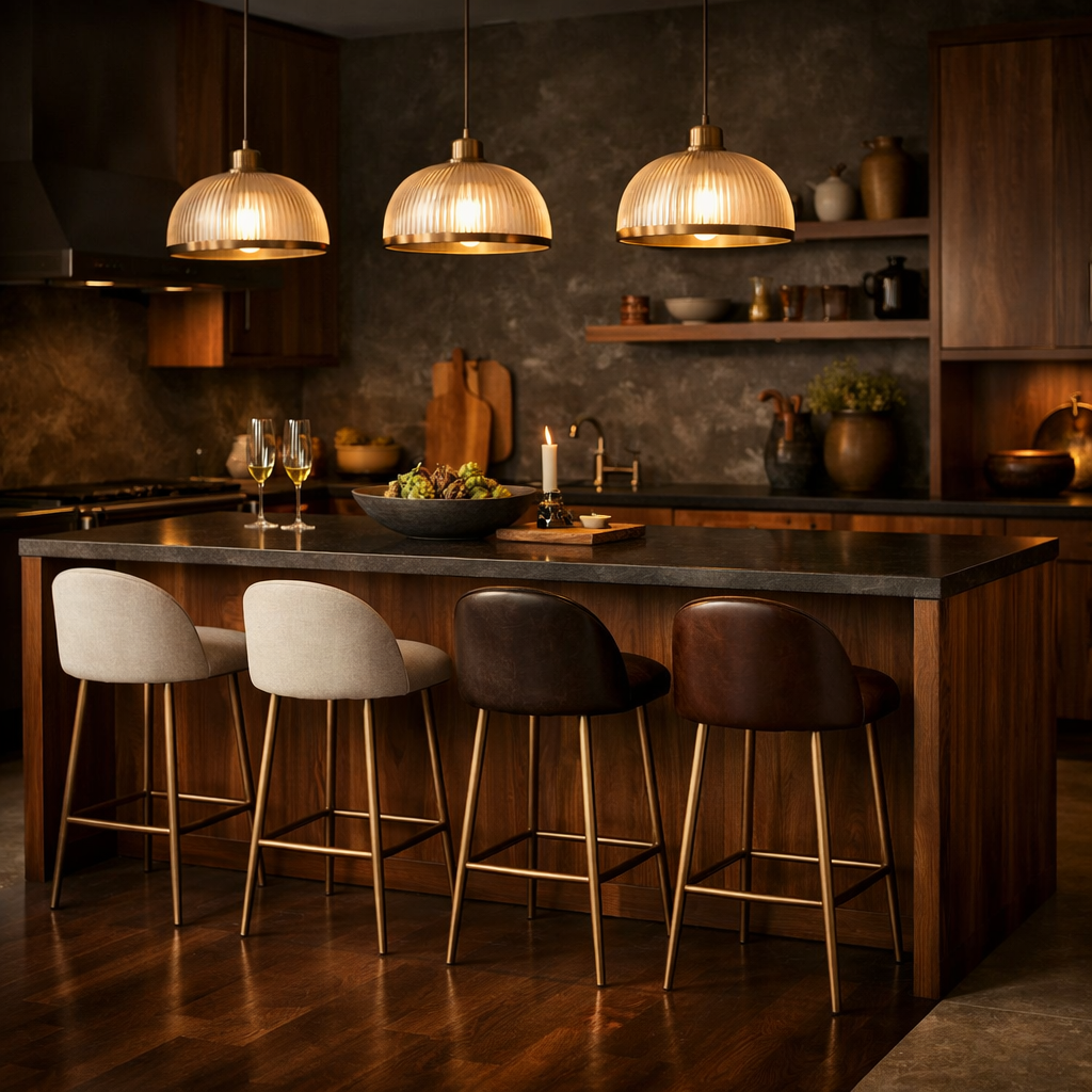 Elegant kitchen with warm walnut cabinetry, a dark countertop, and stylish pendant lighting.