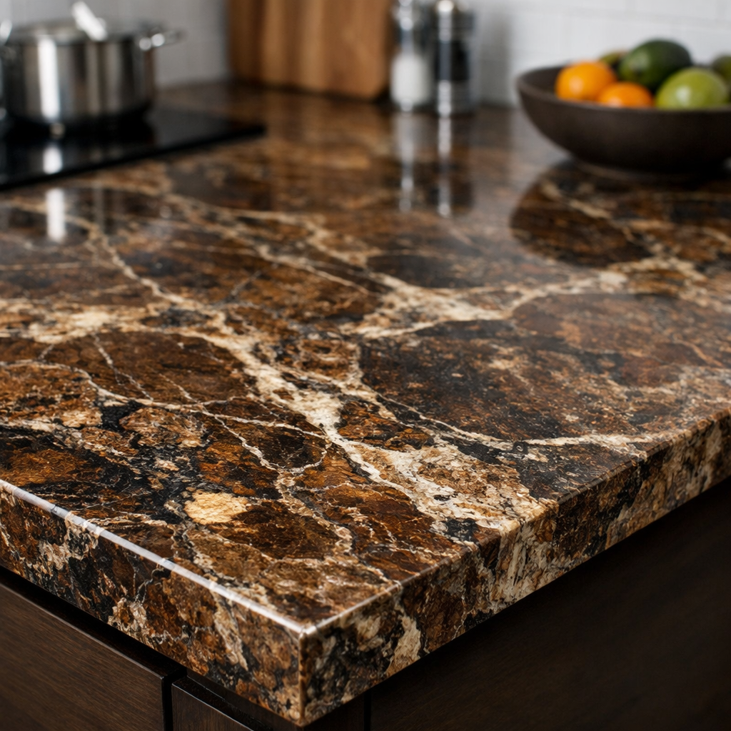 A beautifully patterned brown granite kitchen countertop with unique veining and a bowl of fruit in the background.