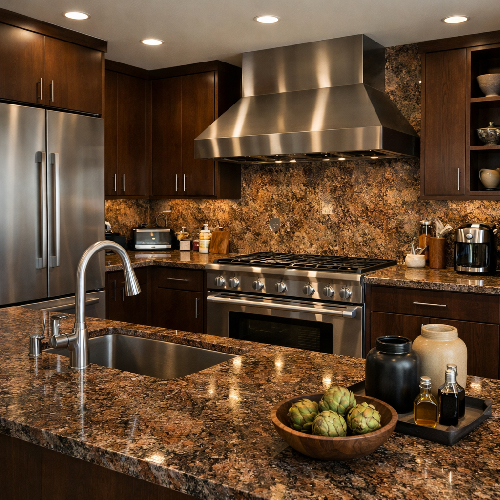 A modern kitchen featuring brown granite countertops paired with stainless steel appliances.