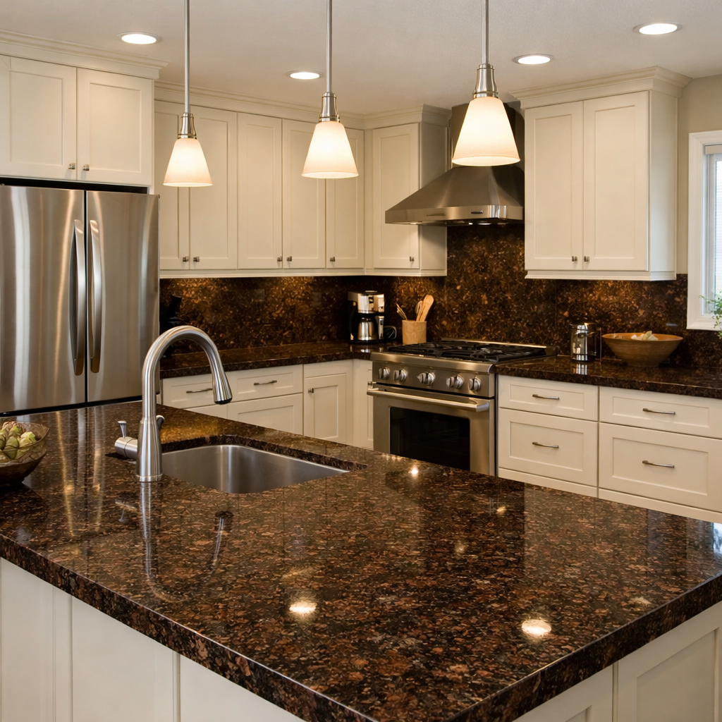 Kitchen with light-colored cabinets and dark brown granite countertops