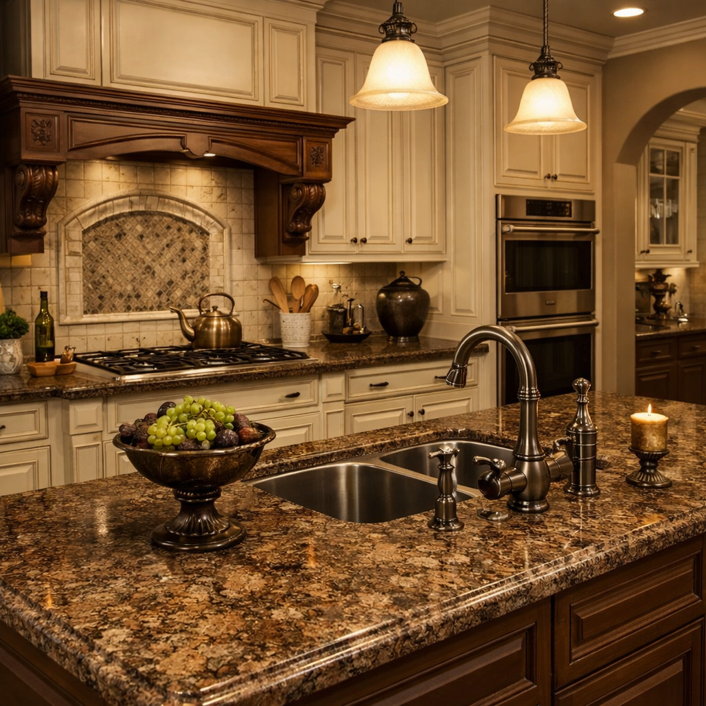 A kitchen featuring brown granite countertops, dark wood accents, and warm lighting.