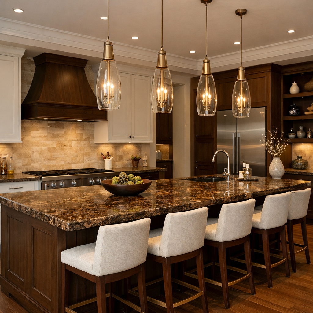 A stylish kitchen featuring a brown granite island with seating, wooden cabinetry, and decorative pendant lighting.