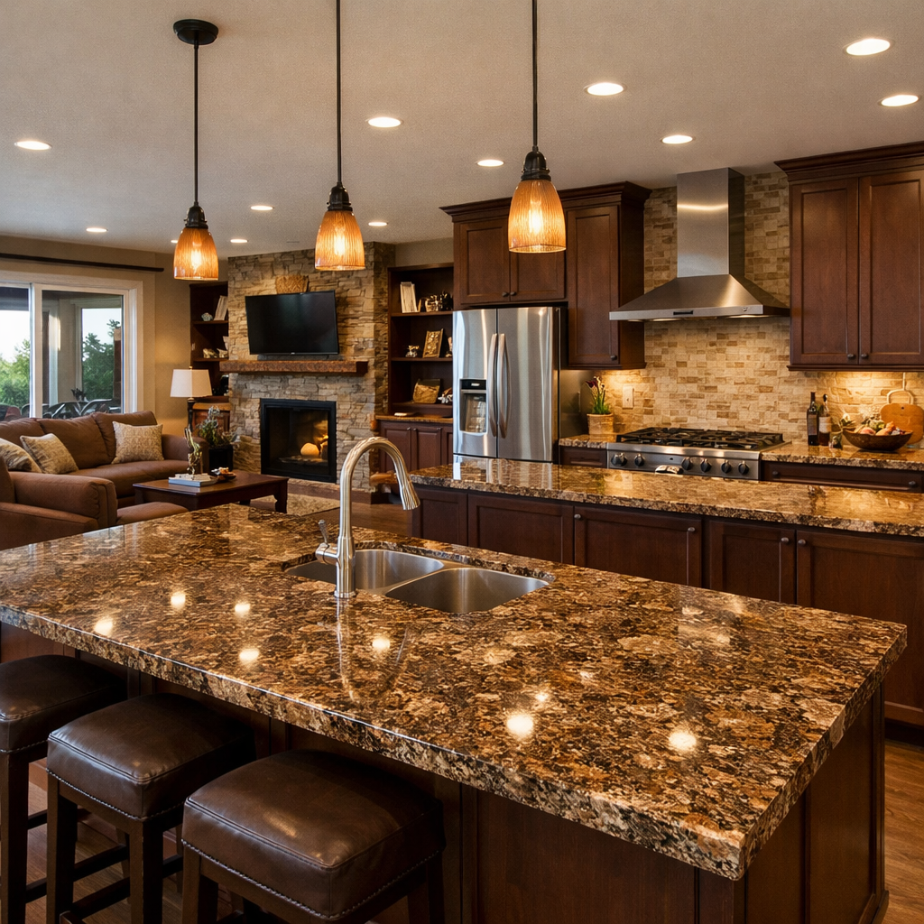 A stylish kitchen featuring brown granite countertops and modern design elements.