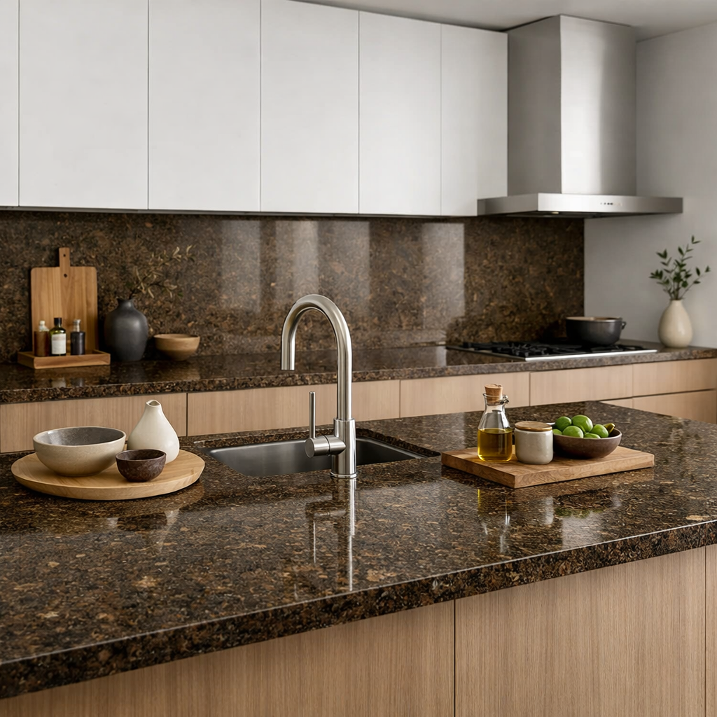 Minimalist kitchen featuring brown granite countertops and white cabinetry
