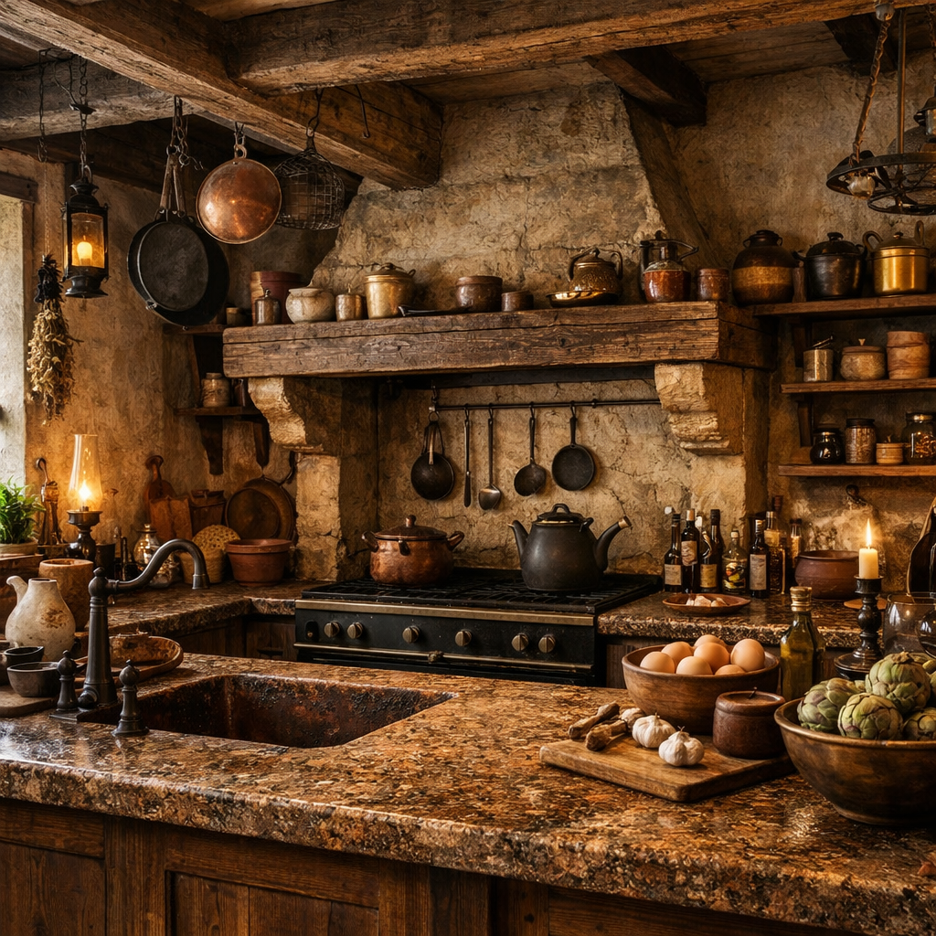 A rustic kitchen featuring textured brown granite countertops, wooden beams, and vintage kitchenware.
