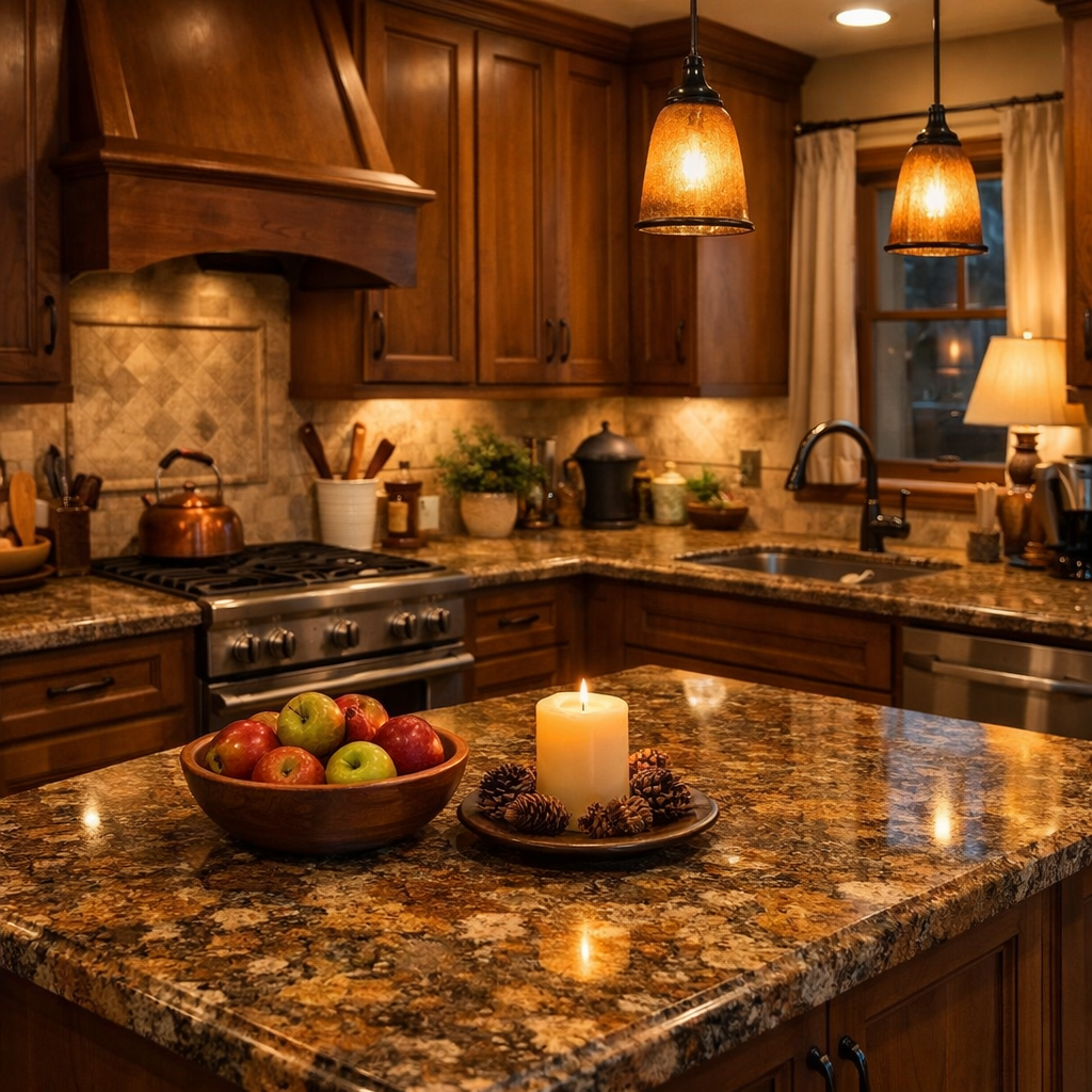 A kitchen with brown granite countertops, wooden cabinets, a bowl of apples, a candle, and cozy lighting