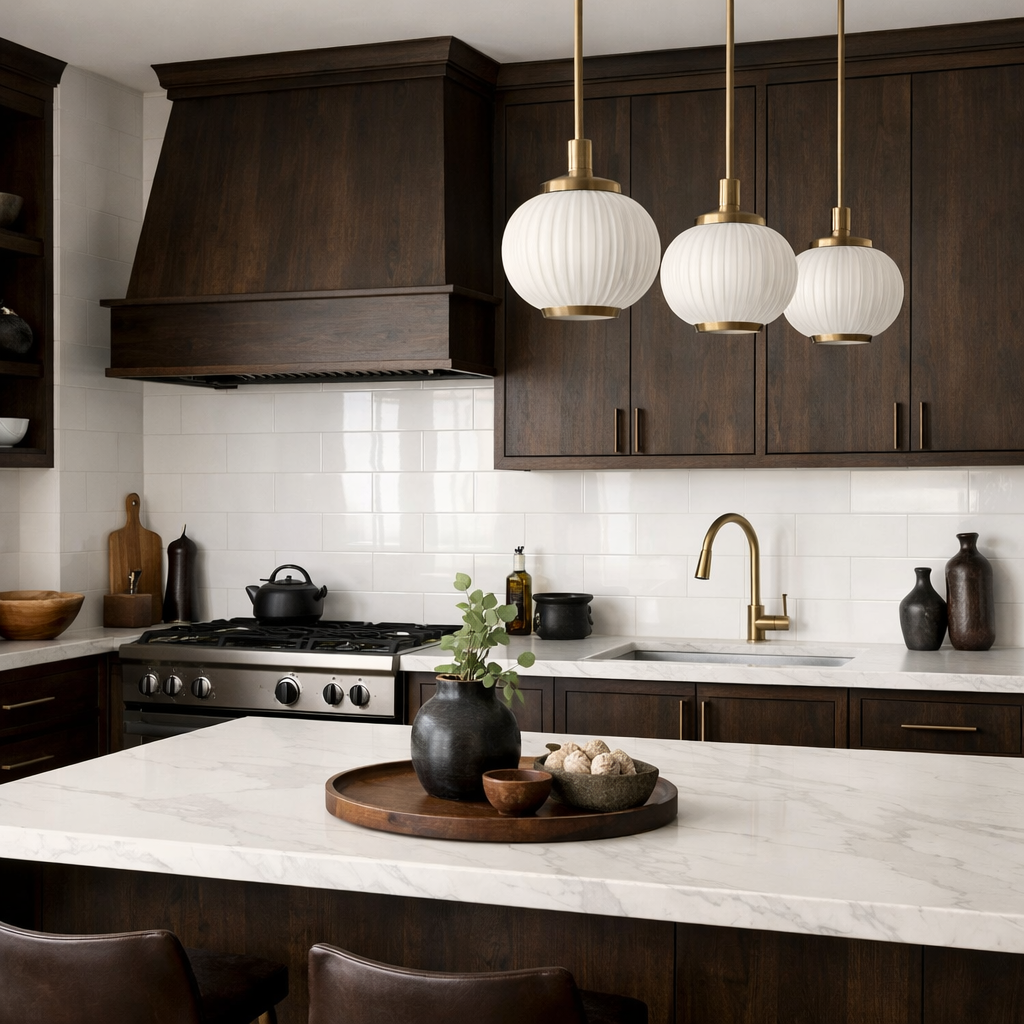 Modern kitchen design featuring a bright white backsplash and dark brown cabinetry.