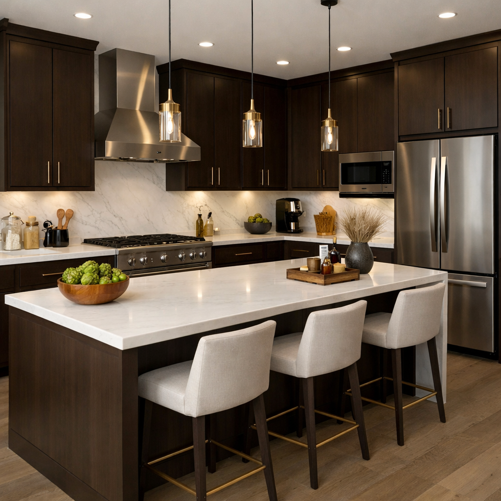 A stylish kitchen featuring dark brown cabinets and white countertops, with modern lighting and decorative elements.