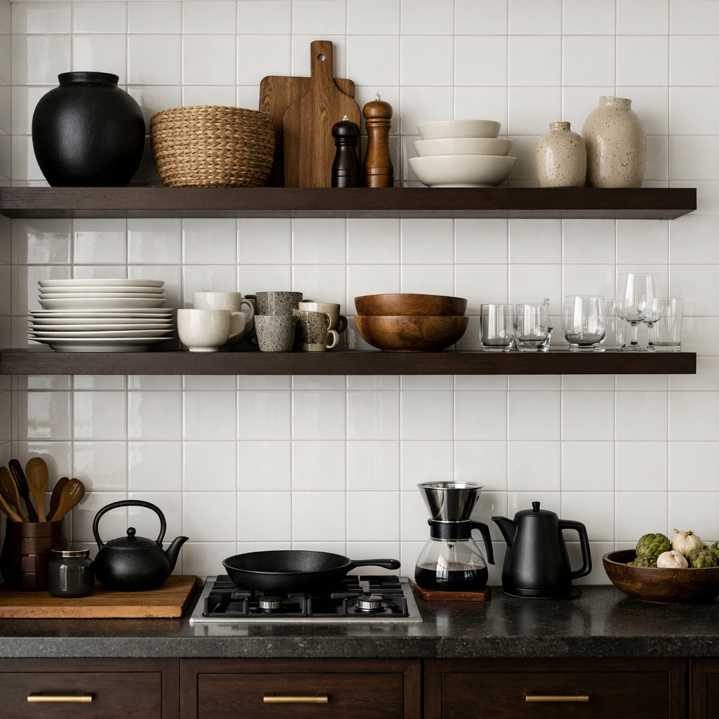 Stylish dark brown open shelving with white tiles in a kitchen, showcasing various kitchenware.