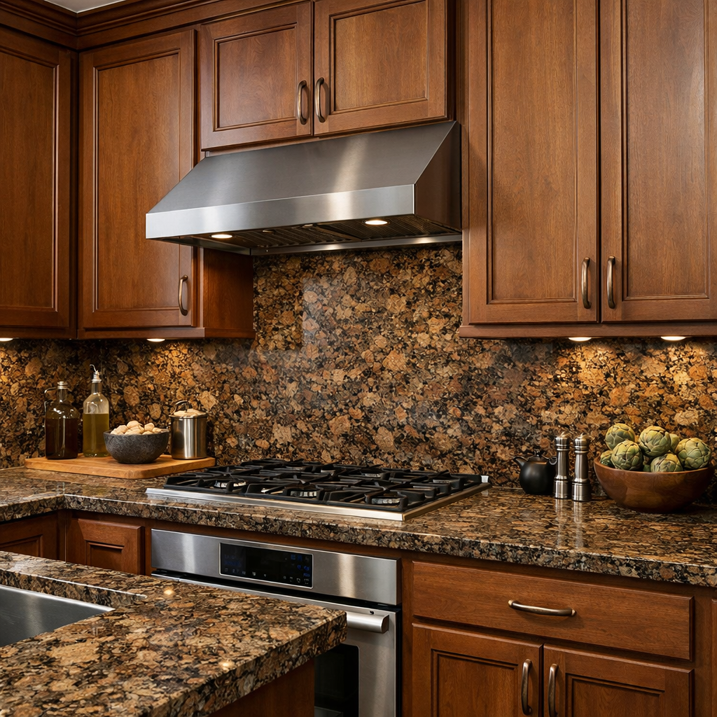 A kitchen featuring Baltic Brown granite as a backsplash and countertop, with wooden cabinets and stainless steel appliances.