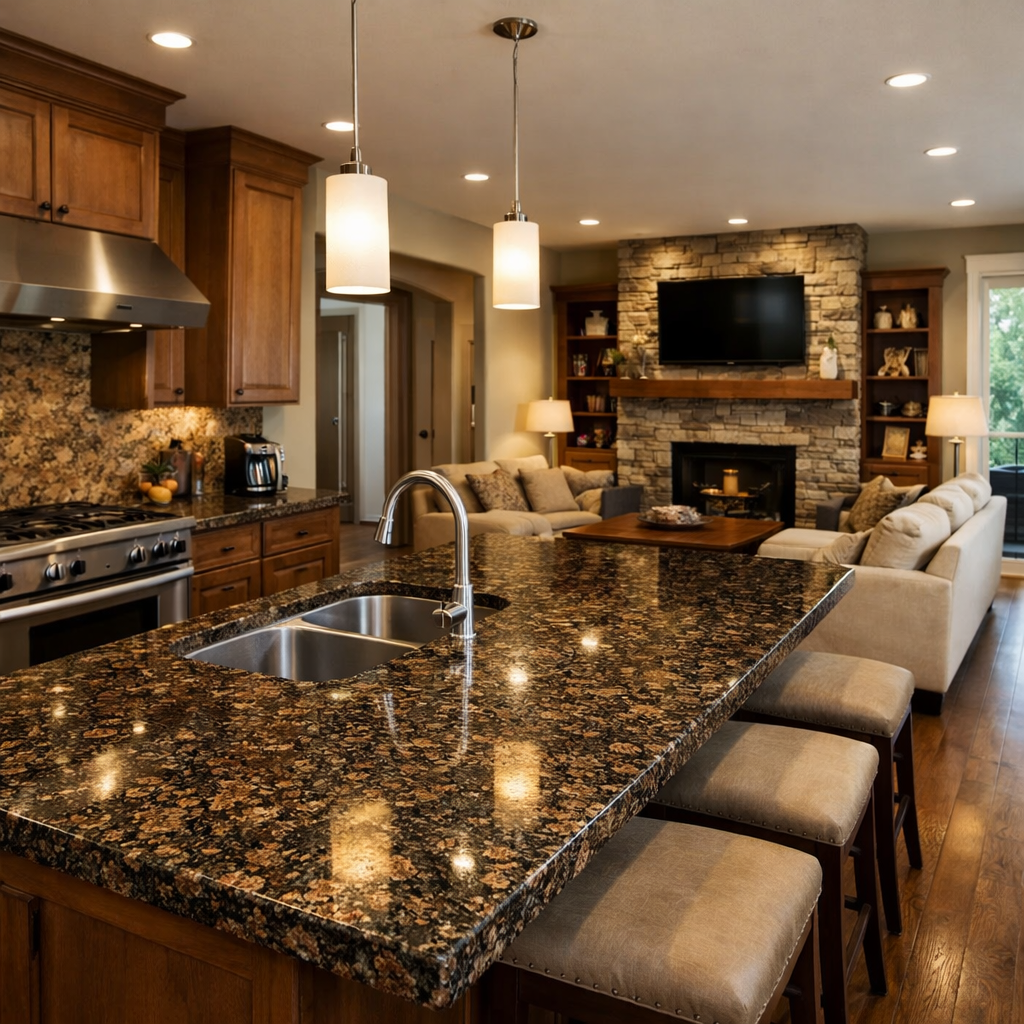 Spacious kitchen featuring Baltic Brown granite countertops, open concept design with a living area